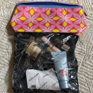 Estee Lauder Pink & Yellow Geometric Makeup Pouch with Travel Skincare Set